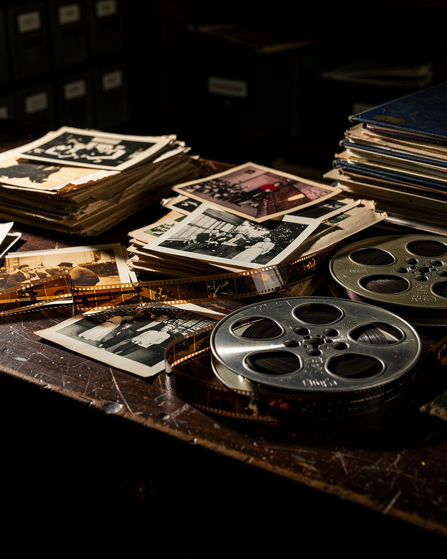 Vintage archive shelf with old photographs and film reels in moody light