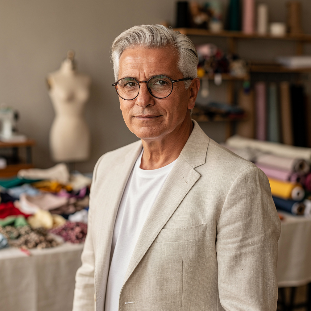 Portrait of an Argentine fashion designer in a studio setting